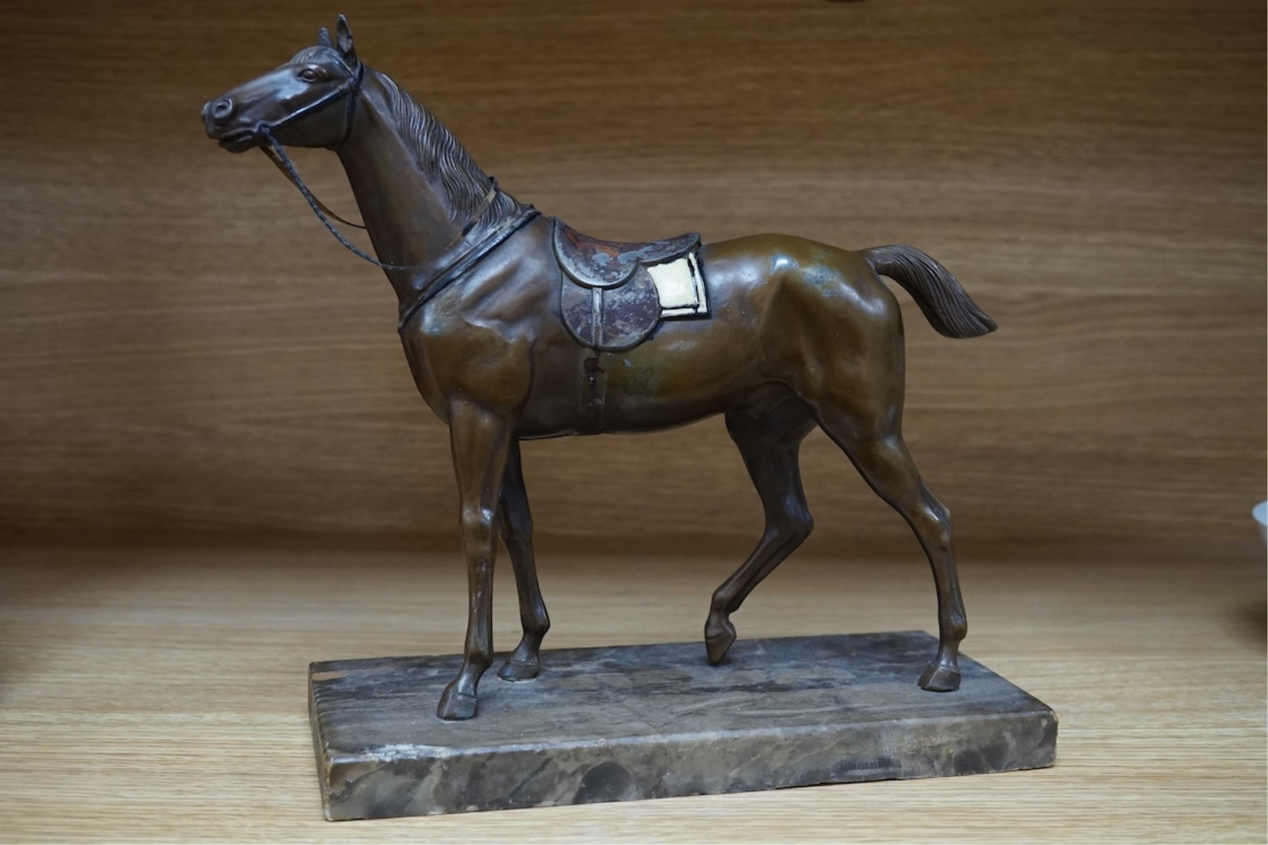 A bronzed spelter sculpture of a horse on a marble plinth, 24cm tall